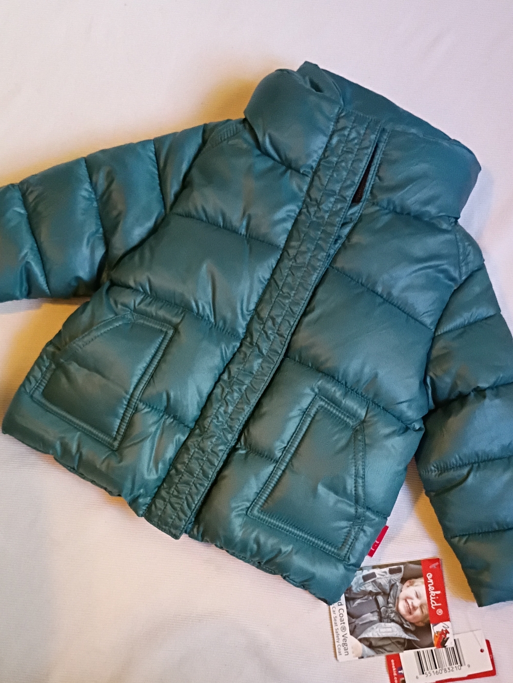 NWT One Kid Vegan Car Seat Safety Puffer Dark Teal Coat